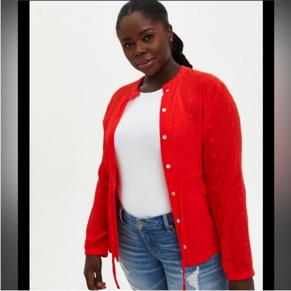 Torrid Red Gauze Embroidered Jacket Blouse 4